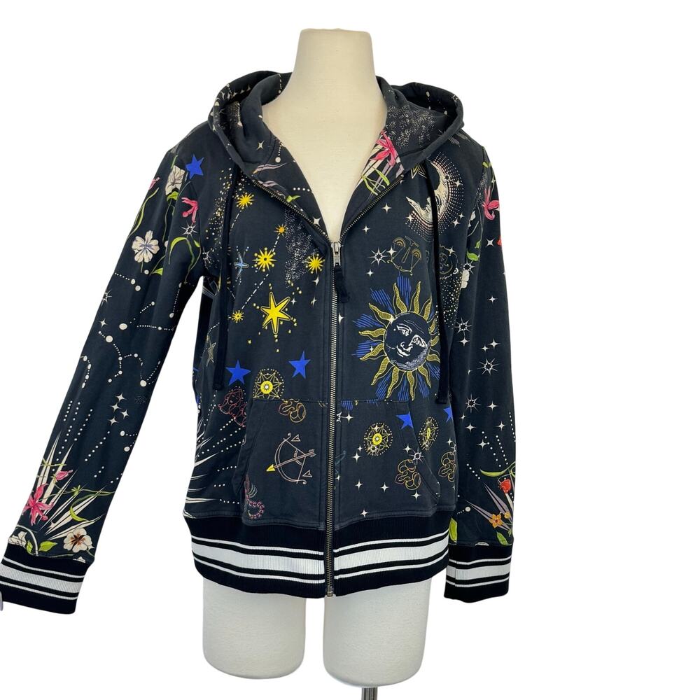 Johnny Was Celestine Modern Zip-Up Hoodie Sweatshirt Black Multi Celestial M